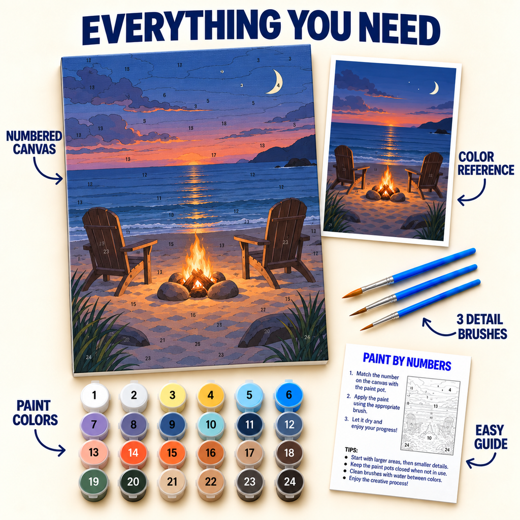 Moonlit Beach Fire paint by numbers kit with numbered canvas, 24 colors, brushes and guide