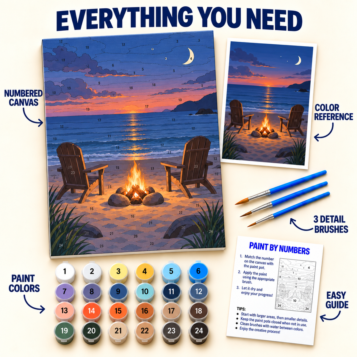 Moonlit Beach Fire paint by numbers kit with numbered canvas, 24 colors, brushes and guide