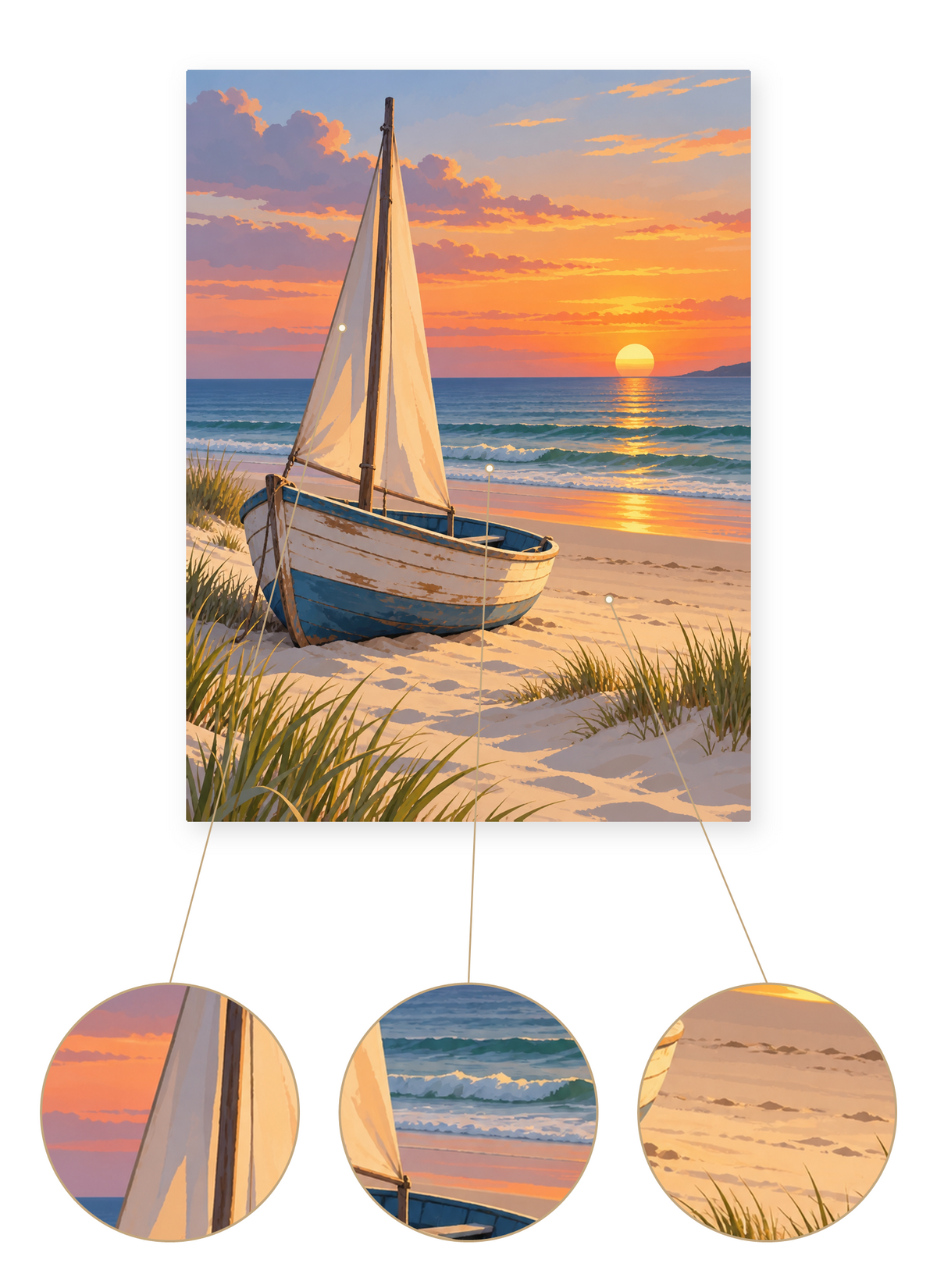 Beached Sailboat finished seascape artwork detail