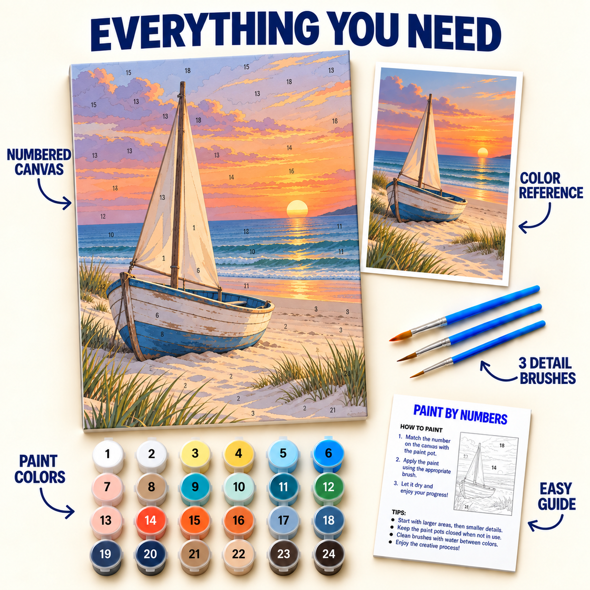 Beached Sailboat paint by numbers kit with numbered canvas, 24 colors, brushes and guide