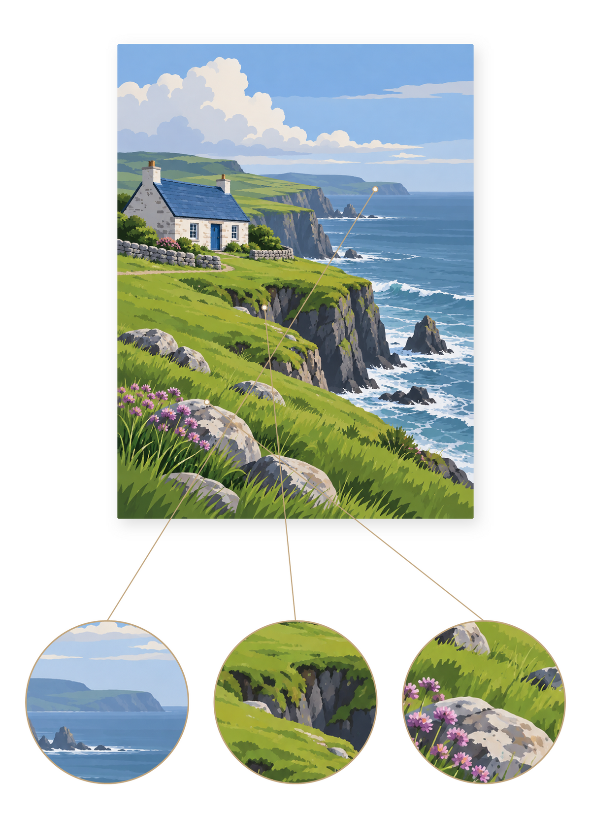 Cliffside Cottage finished seascape artwork detail