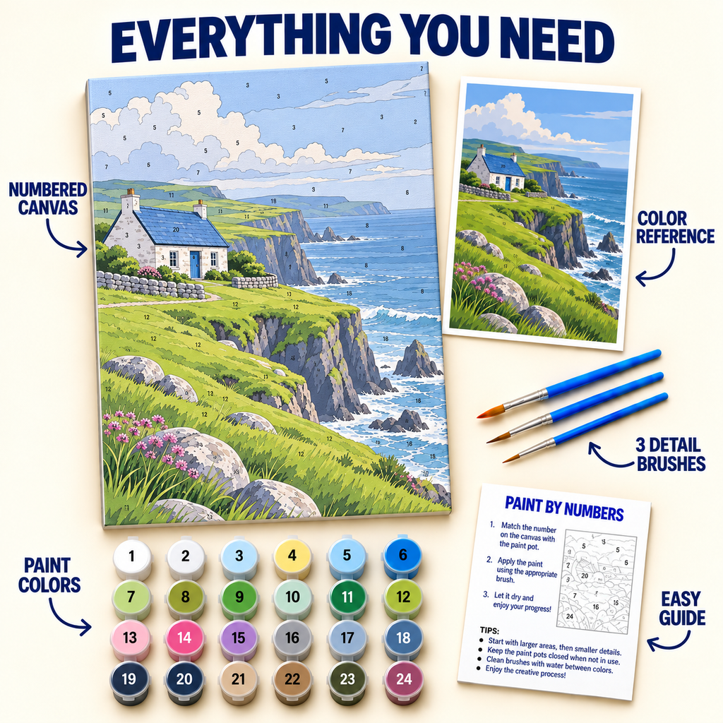 Cliffside Cottage paint by numbers kit with numbered canvas, 24 colors, brushes and guide