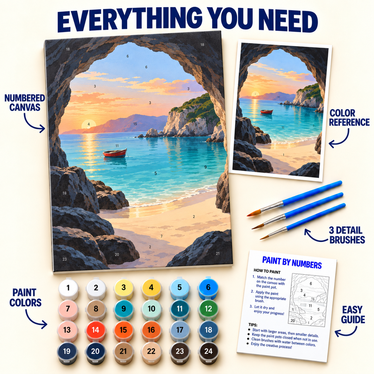 Hidden Cove paint by numbers kit with numbered canvas, 24 colors, brushes and guide