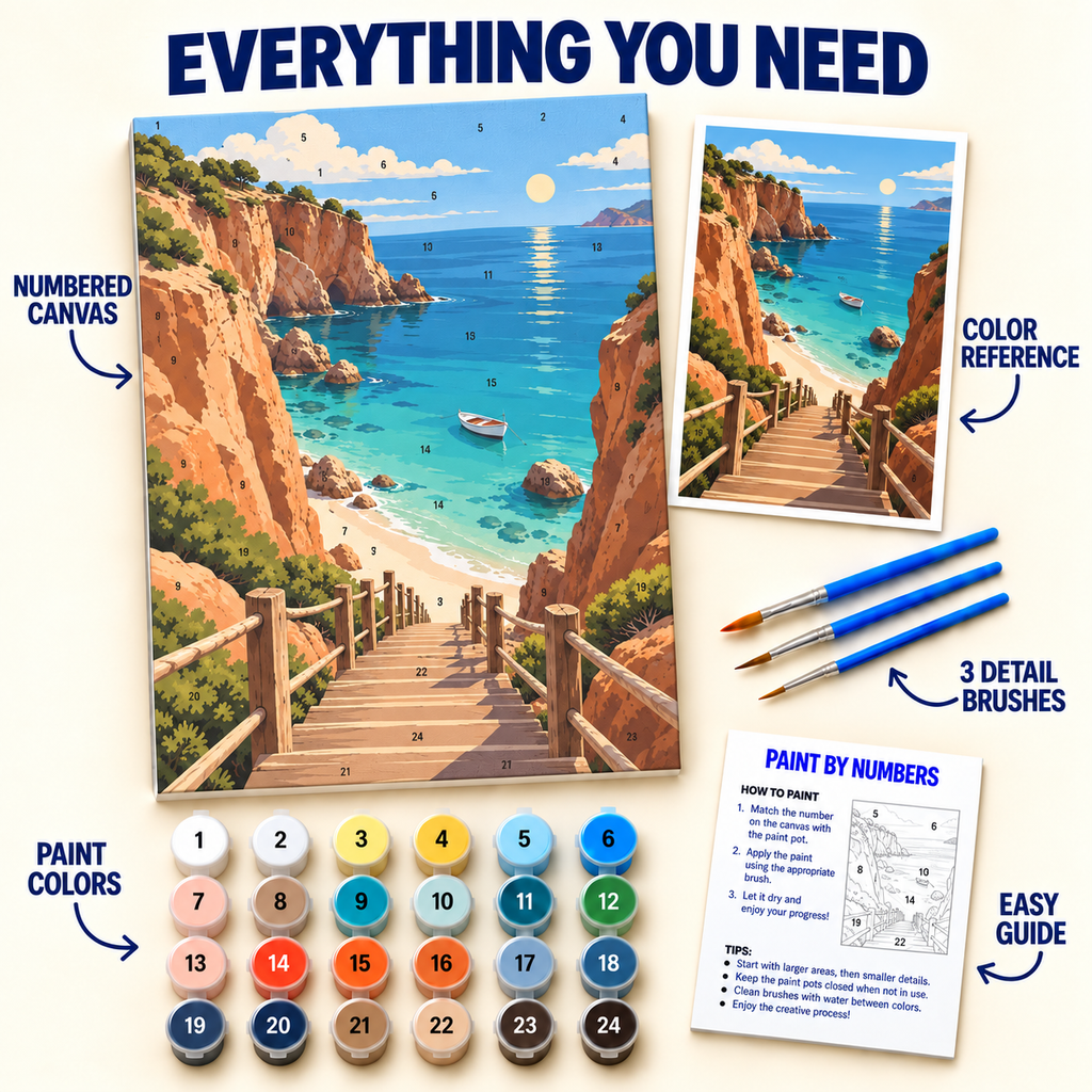 Cove Stairway paint by numbers kit with numbered canvas, 24 colors, brushes and guide