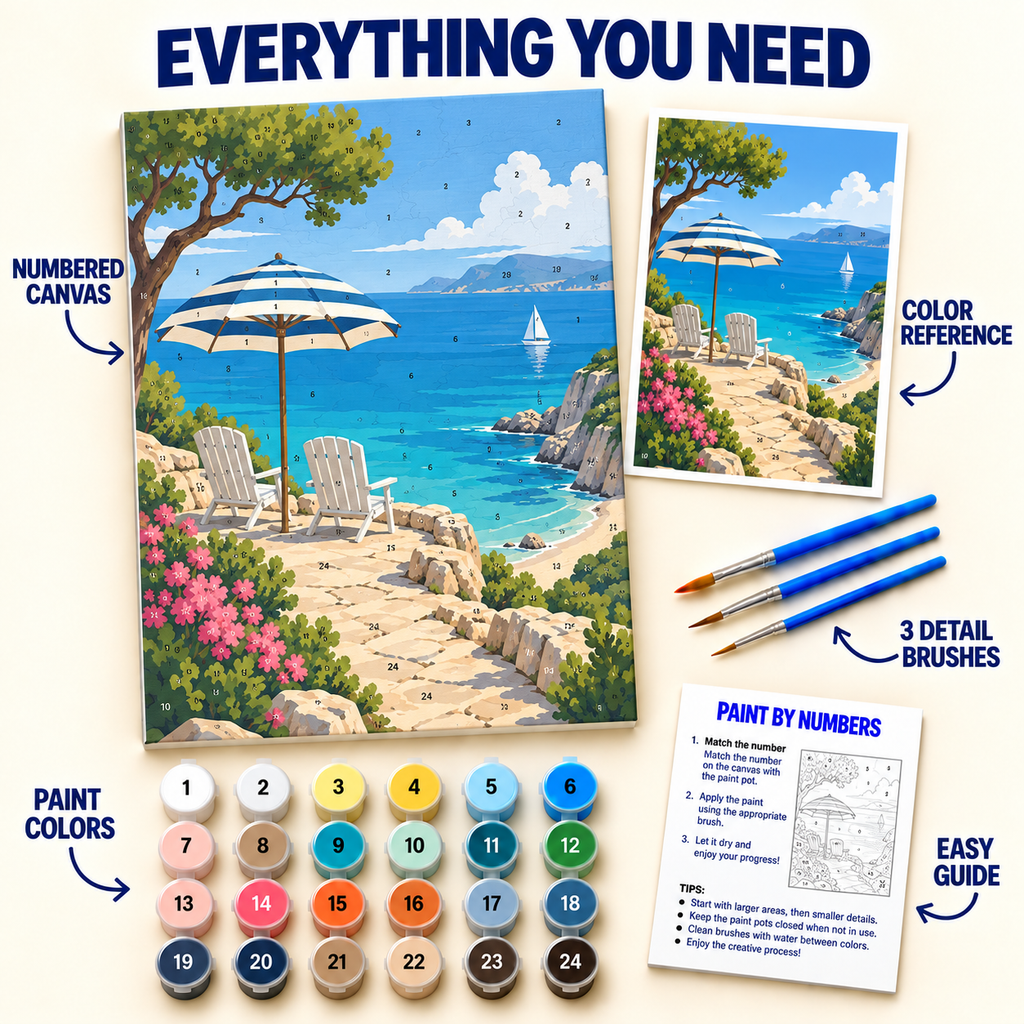 Seaside Terrace paint by numbers kit with numbered canvas, 24 colors, brushes and guide