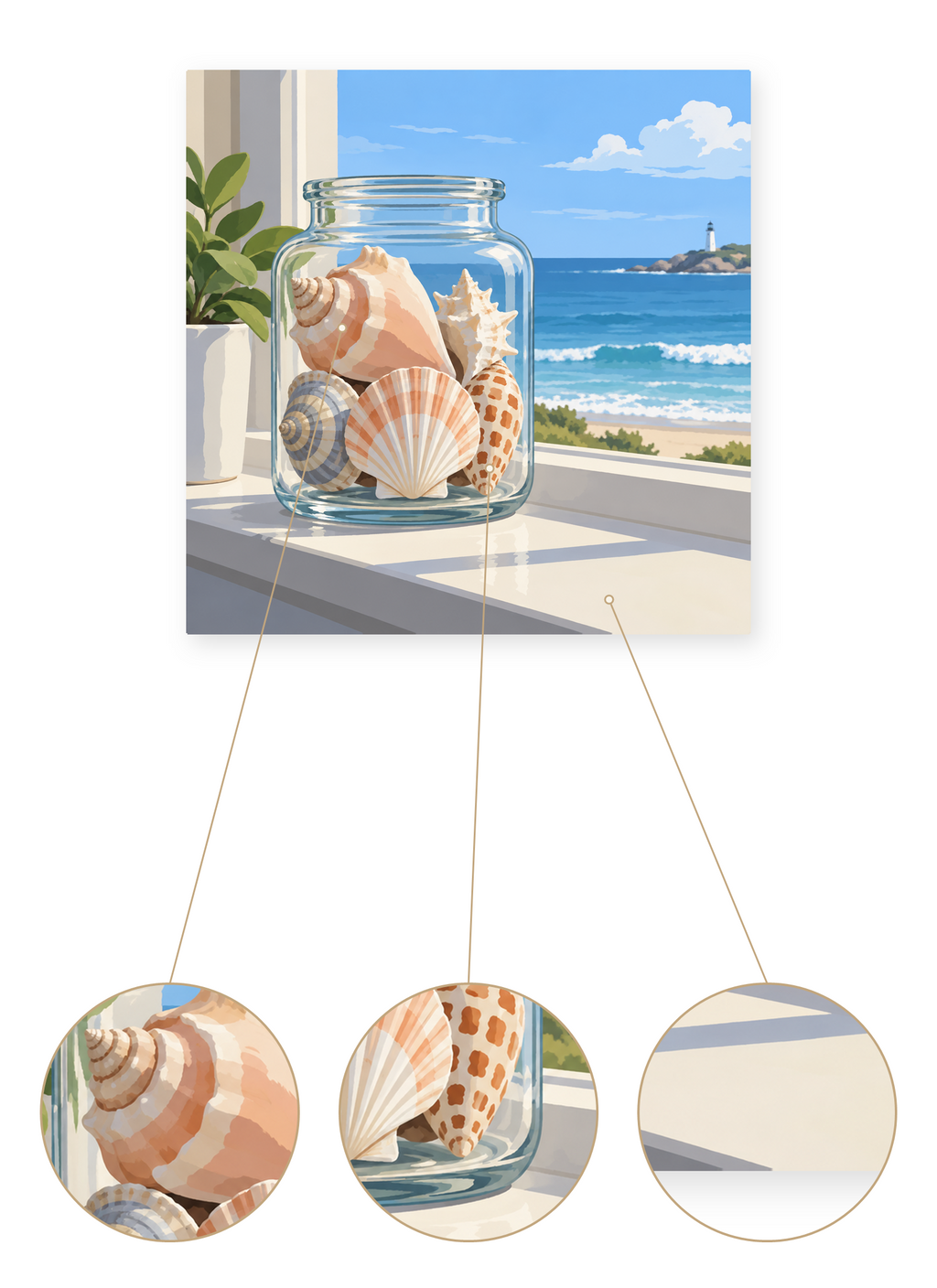 Seashell Window finished seascape artwork detail