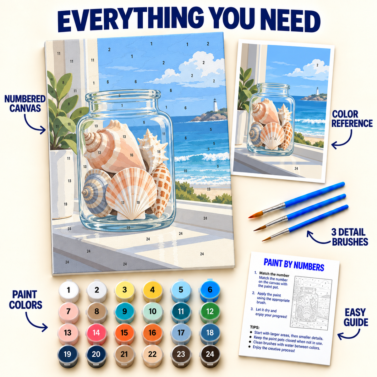 Seashell Window paint by numbers kit with numbered canvas, 24 colors, brushes and guide