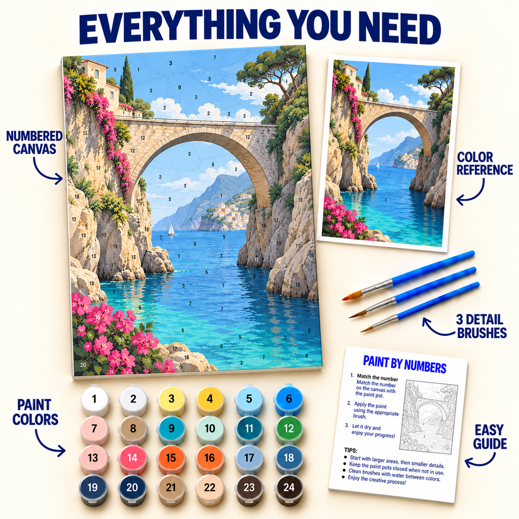 Amalfi Stone Bridge paint by numbers kit with numbered canvas, 24 colors, brushes and guide