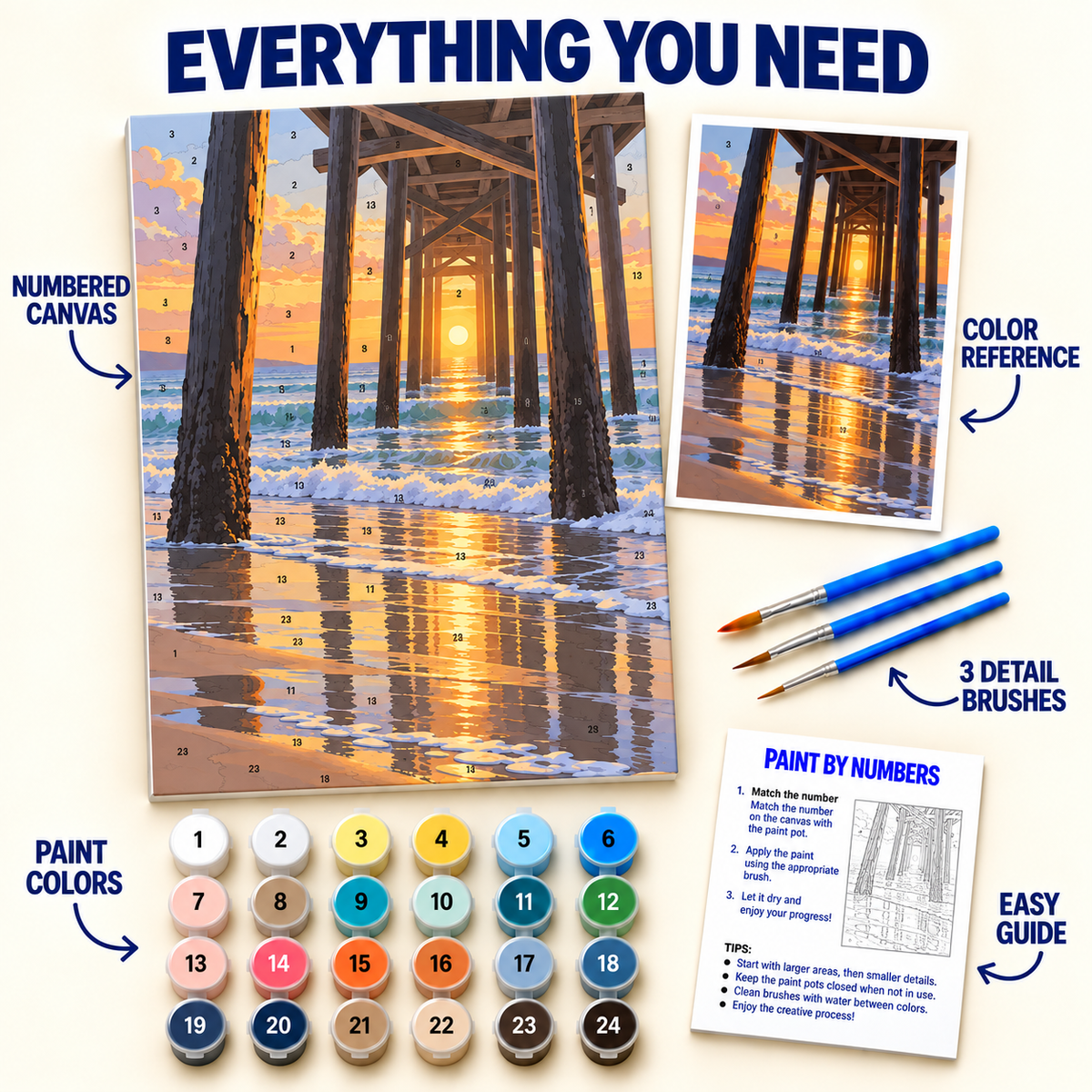 Sunset Pier paint by numbers kit with numbered canvas, 24 colors, brushes and guide