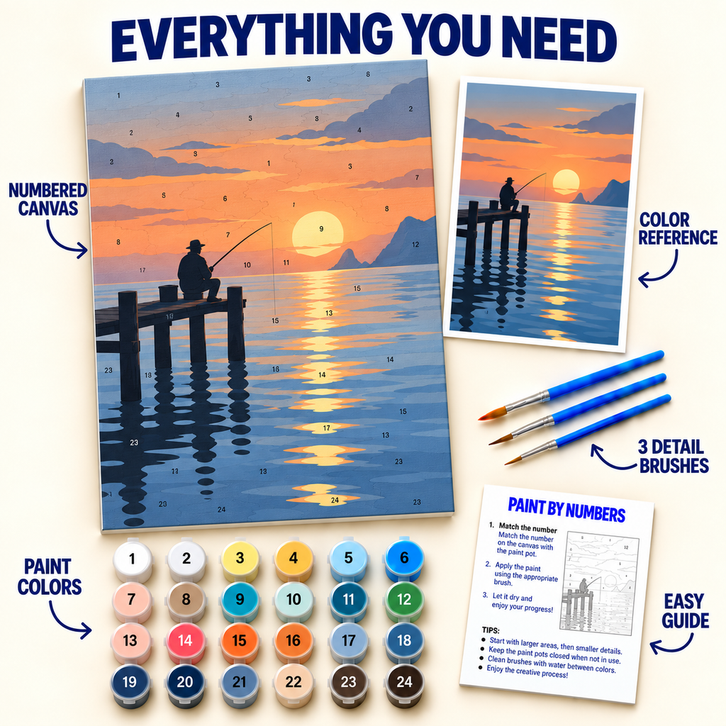 Sunset Fishing paint by numbers kit with numbered canvas, 24 colors, brushes and guide
