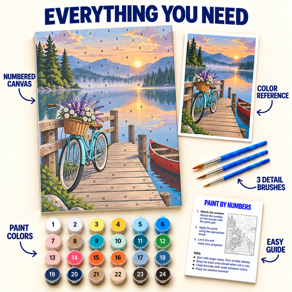 Lakeside Bicycle paint by numbers kit with numbered canvas, 24 colors, brushes and guide
