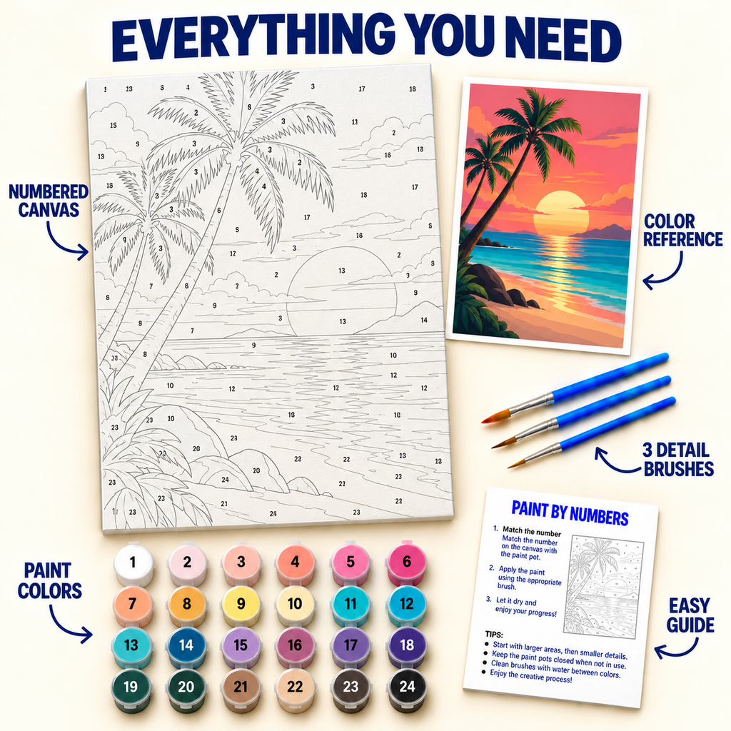 Tropical Sunset paint by numbers kit with numbered canvas, 24 colors, brushes and guide