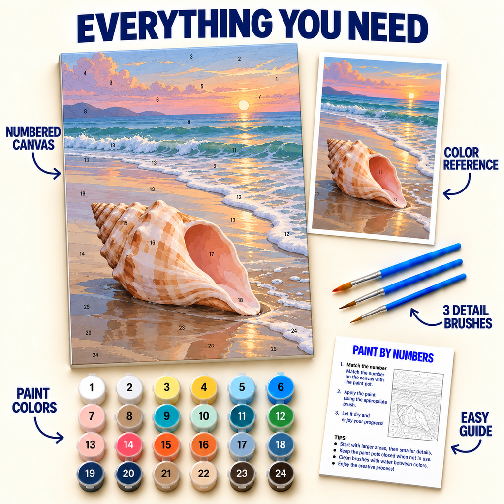 Sunset Seashell paint by numbers kit with numbered canvas, 24 colors, brushes and guide