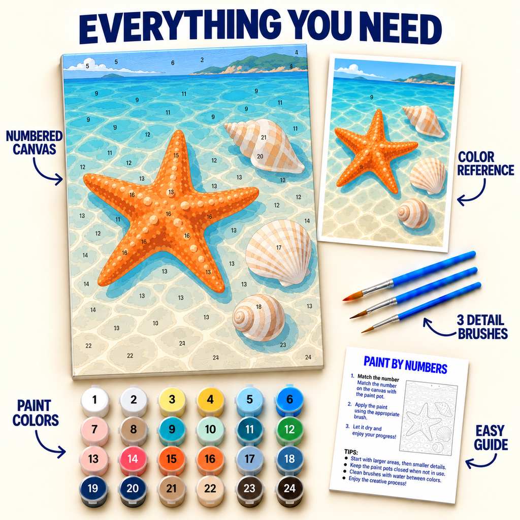 Shallow Starfish paint by numbers kit with numbered canvas, 24 colors, brushes and guide