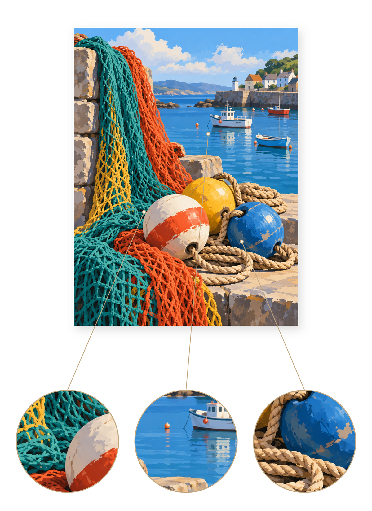 Harbor Fishing Nets finished seascape artwork detail