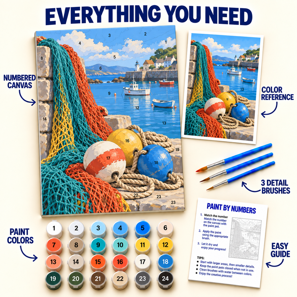 Harbor Fishing Nets paint by numbers kit with numbered canvas, 24 colors, brushes and guide