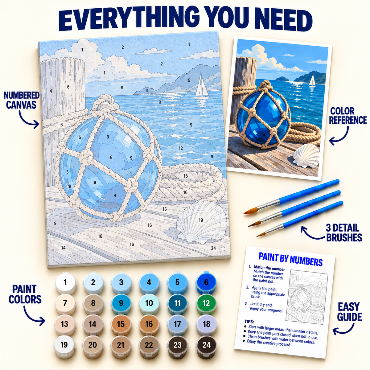 Nautical Buoy paint by numbers kit with numbered canvas, 24 colors, brushes and guide