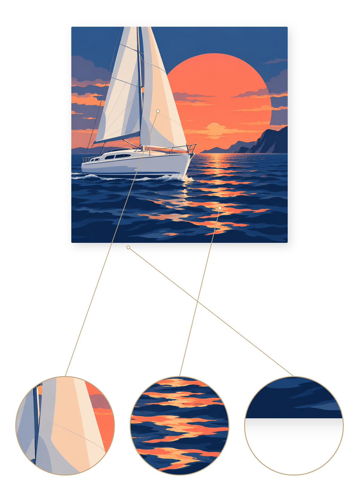 Sunset Sailboat finished seascape artwork detail