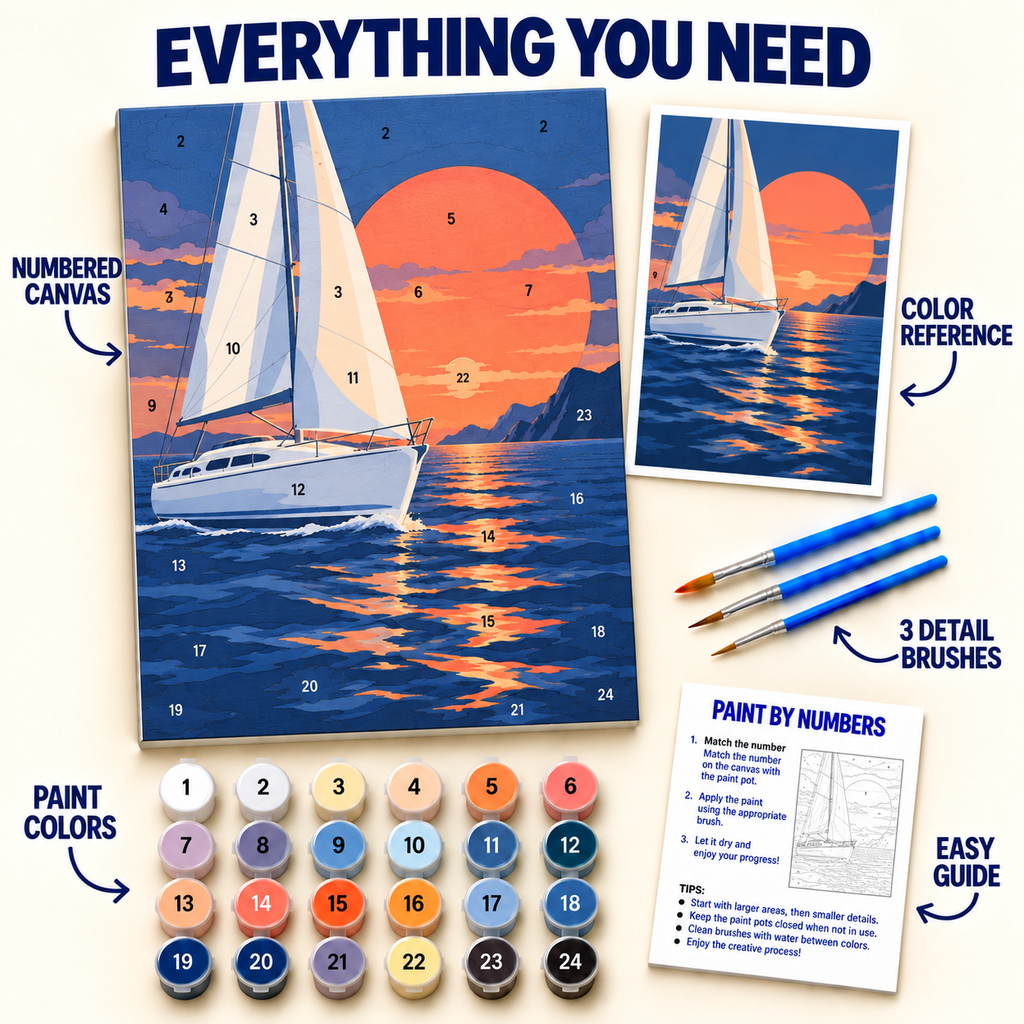 Sunset Sailboat paint by numbers kit with numbered canvas, 24 colors, brushes and guide
