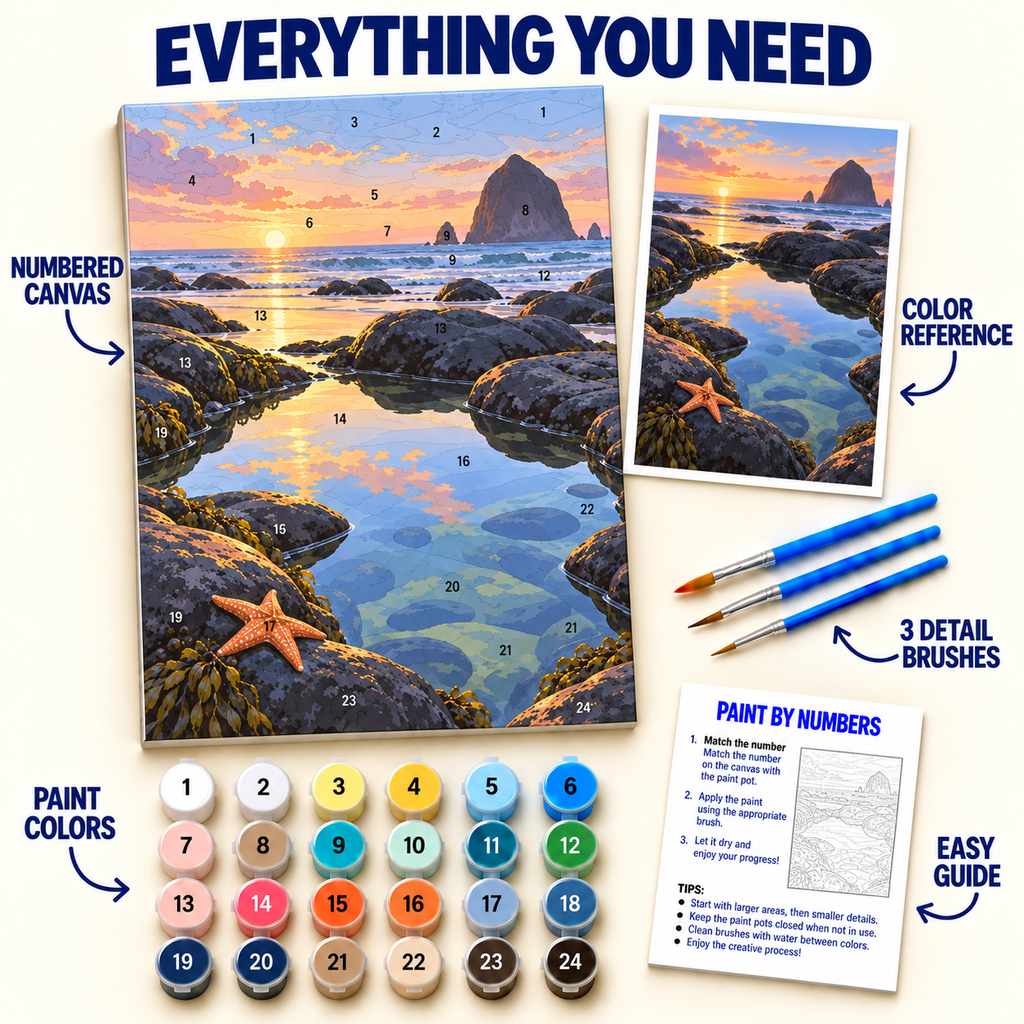 Rocky Tide Pool paint by numbers kit with numbered canvas, 24 colors, brushes and guide