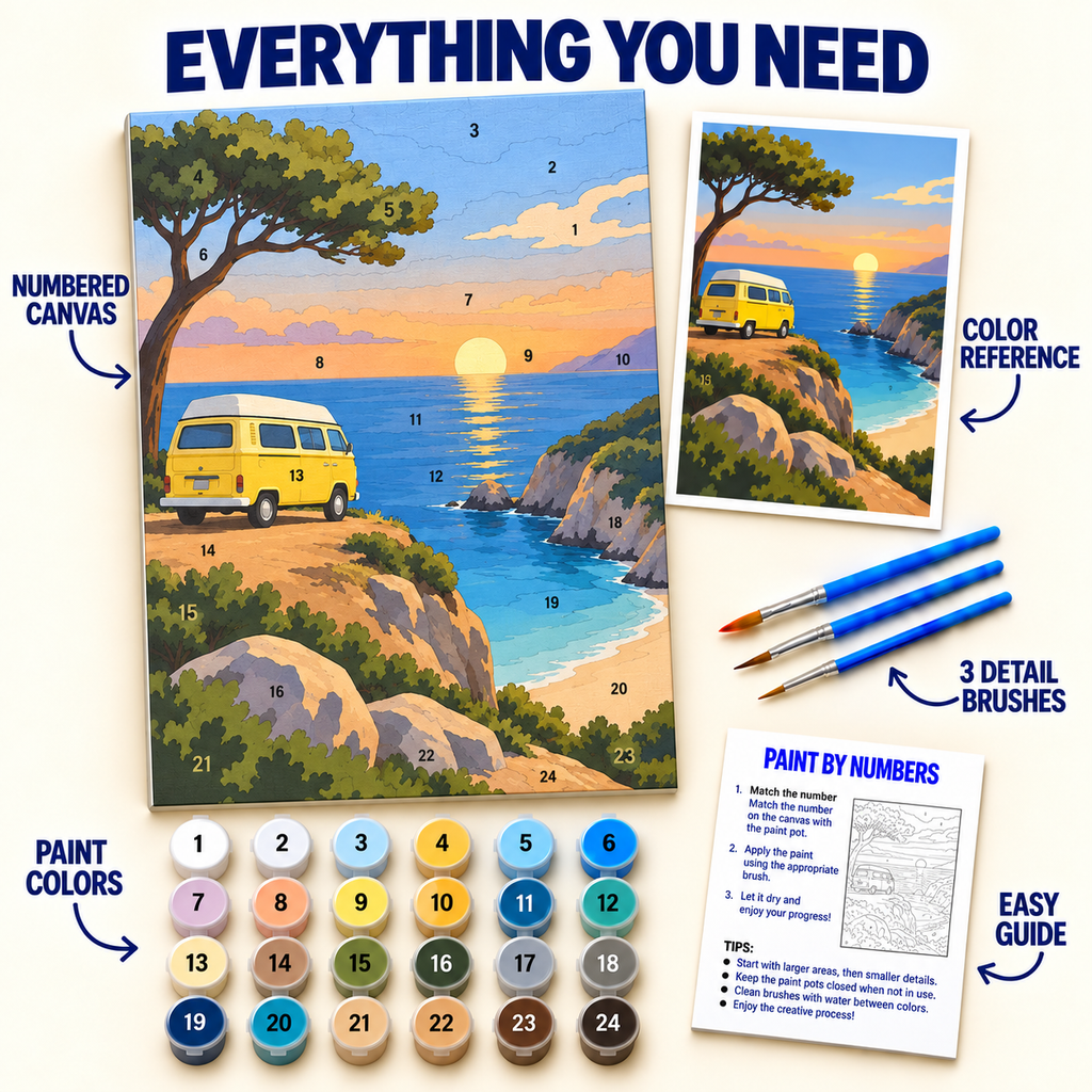Coastal Road Trip paint by numbers kit with numbered canvas, 24 colors, brushes and guide