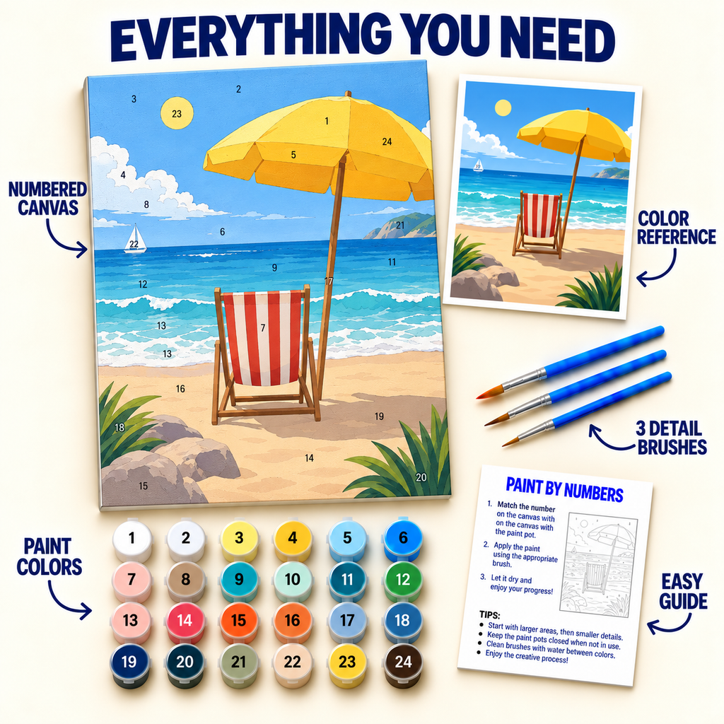 Sunny Beach Chair paint by numbers kit with numbered canvas, 24 colors, brushes and guide