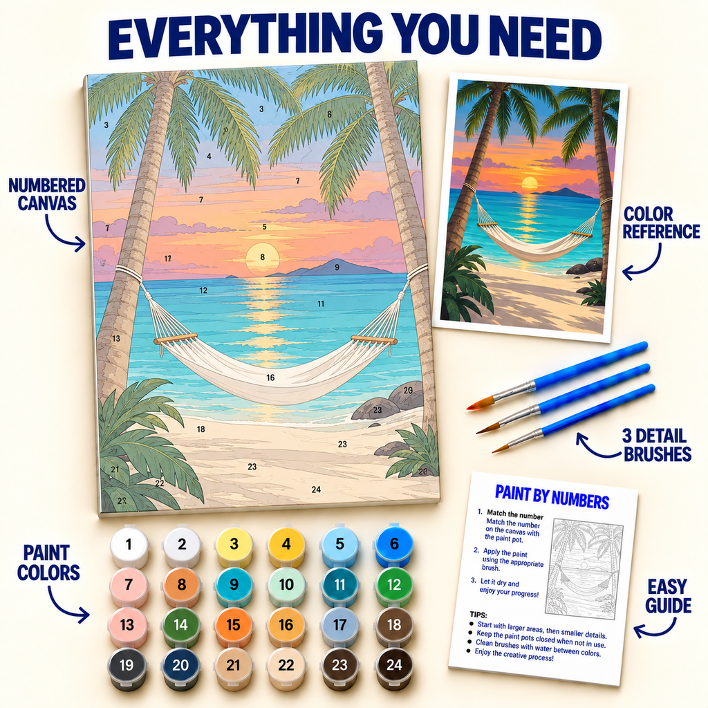 Tropical Hammock paint by numbers kit with numbered canvas, 24 colors, brushes and guide