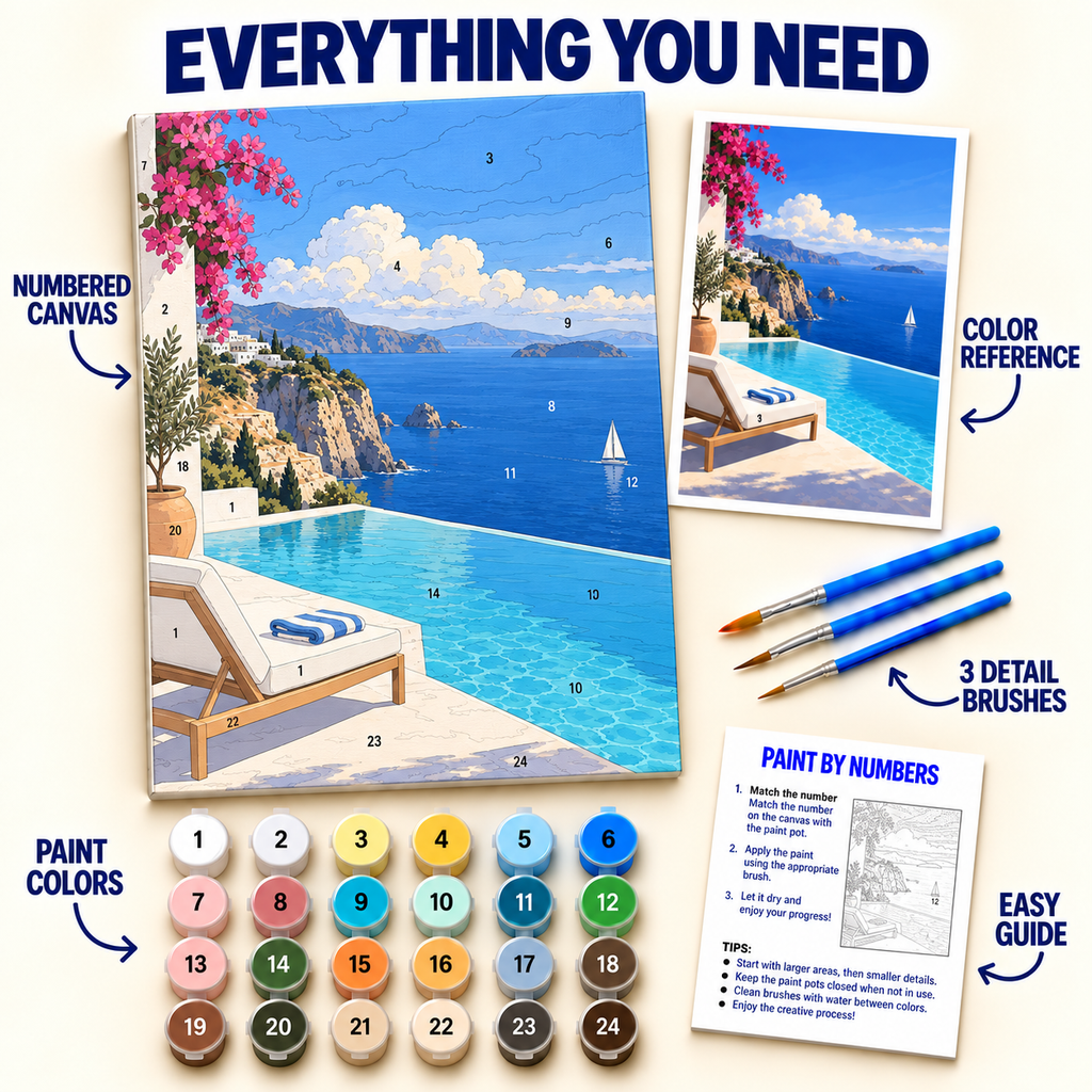Infinity Pool Coast paint by numbers kit with numbered canvas, 24 colors, brushes and guide
