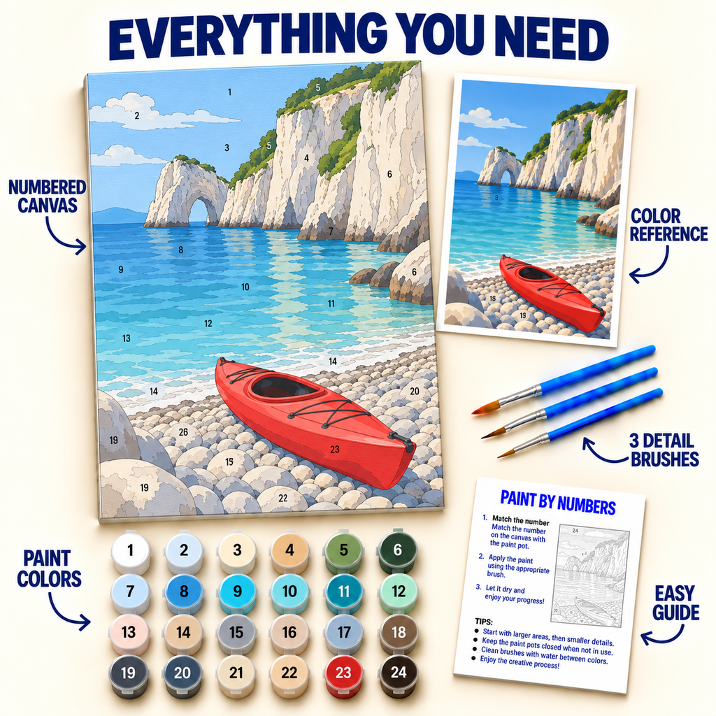 Red Kayak Cove paint by numbers kit with numbered canvas, 24 colors, brushes and guide