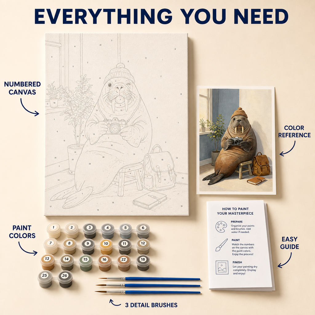 Walrus photographer paint by numbers kit contents